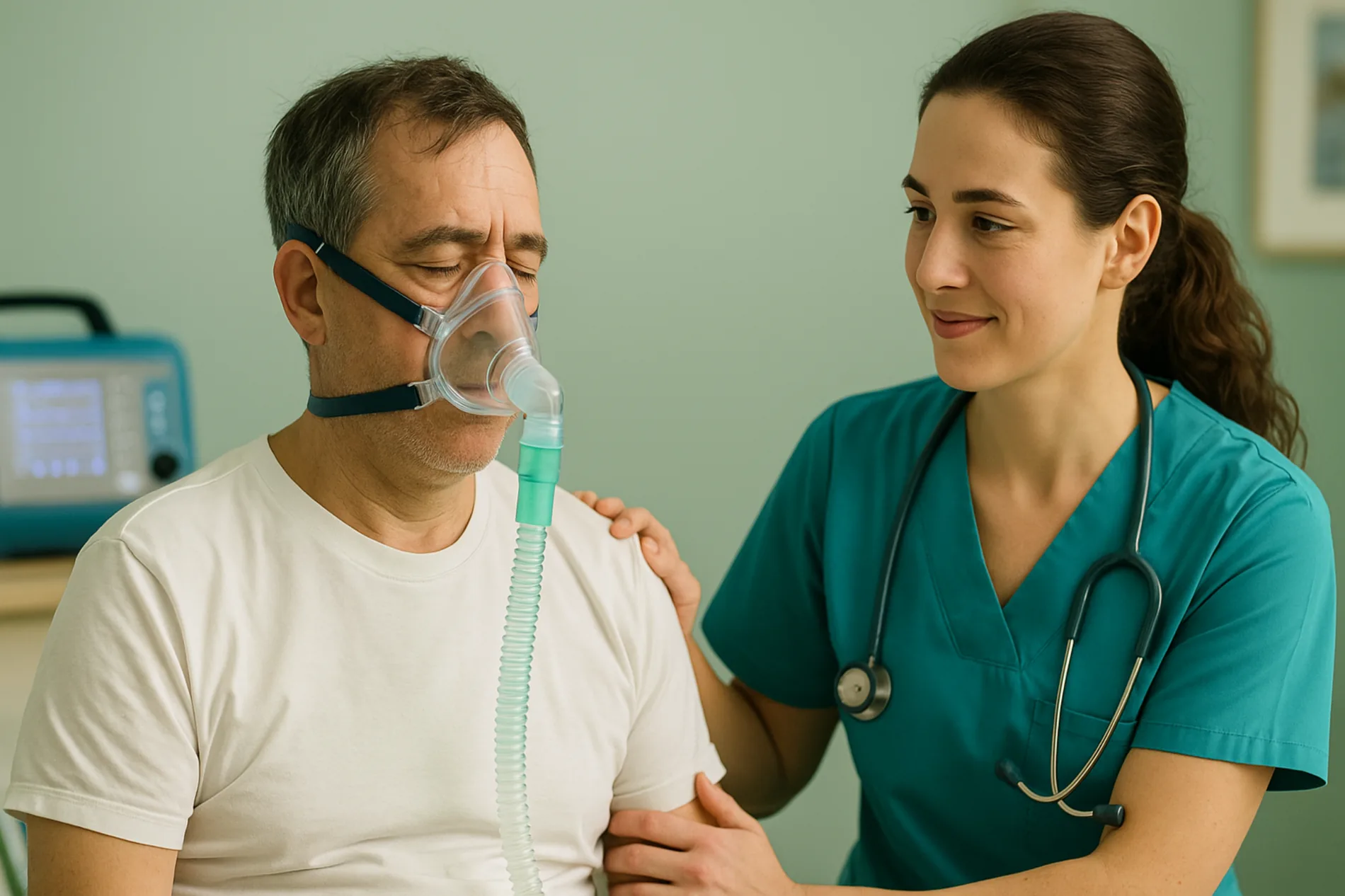 Patient mit Beatmungsmaske wird von Pflegefachkraft begleitet